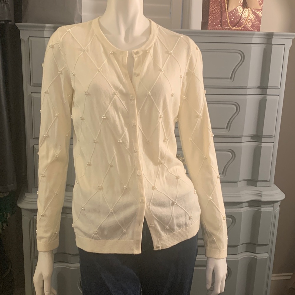Talbots Ivory Cardigan Pearl embellished XS
